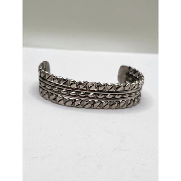 Vintage Heavy Silver Tone Triple Band Textured Metal Cuff Bracelet - Picture 2 of 10